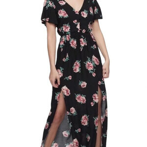 Three pink hearts Black Pink floral maxi Dress wedding guest spring Fairycore
